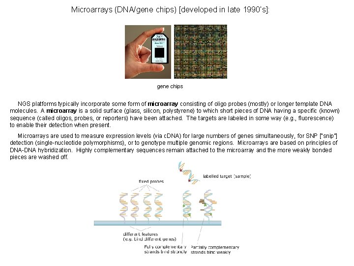 Microarrays (DNA/gene chips) [developed in late 1990’s]: gene chips NGS platforms typically incorporate some
