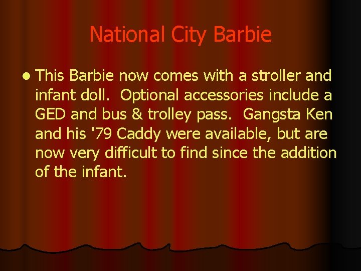 National City Barbie l This Barbie now comes with a stroller and infant doll.