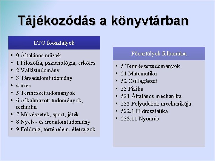 Tájékozódás a könyvtárban ETO főosztályok • • 0 Általános művek 1 Filozófia, pszichológia, erkölcs