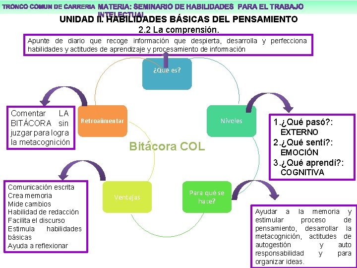 UNIDAD II. HABILIDADES BÁSICAS DEL PENSAMIENTO 2. 2 La comprensión. Apunte de diario que