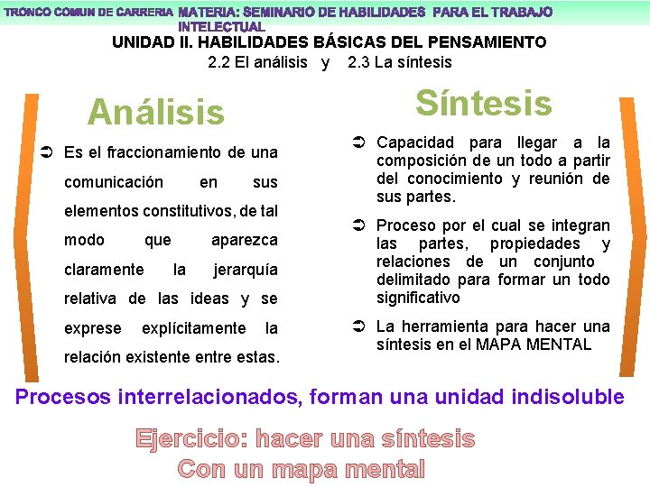 UNIDAD II. HABILIDADES BÁSICAS DEL PENSAMIENTO 2. 2 El análisis y 2. 3 La