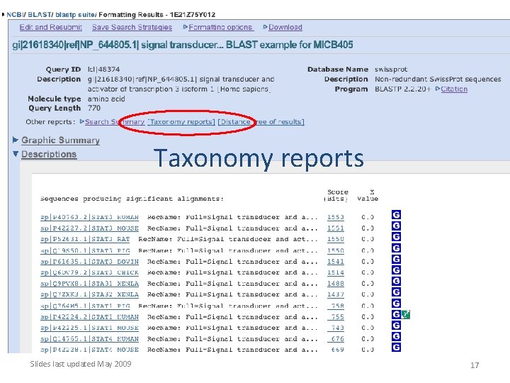 Taxonomy reports Slides last updated May 2009 17 