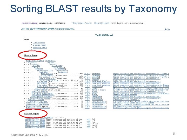 Sorting BLAST results by Taxonomy Slides last updated May 2009 18 