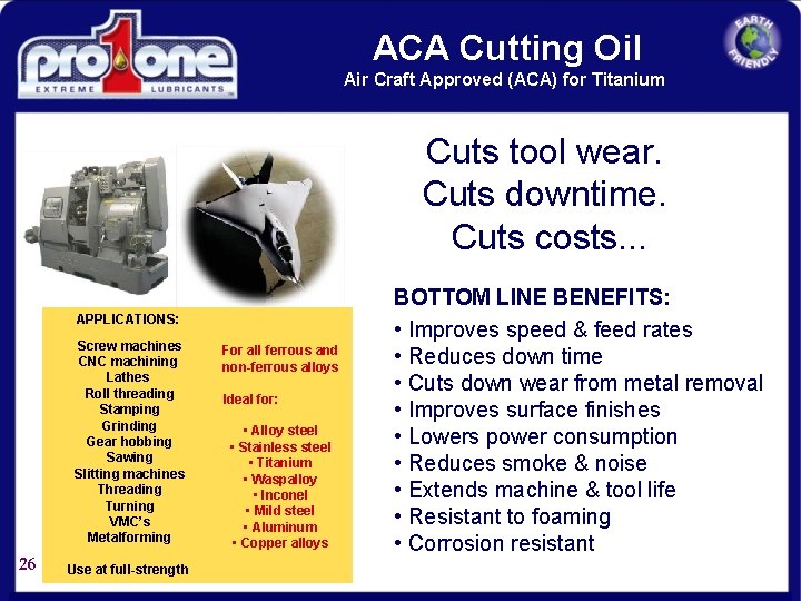 ACA Cutting Oil Air Craft Approved (ACA) for Titanium Cuts tool wear. Cuts downtime.