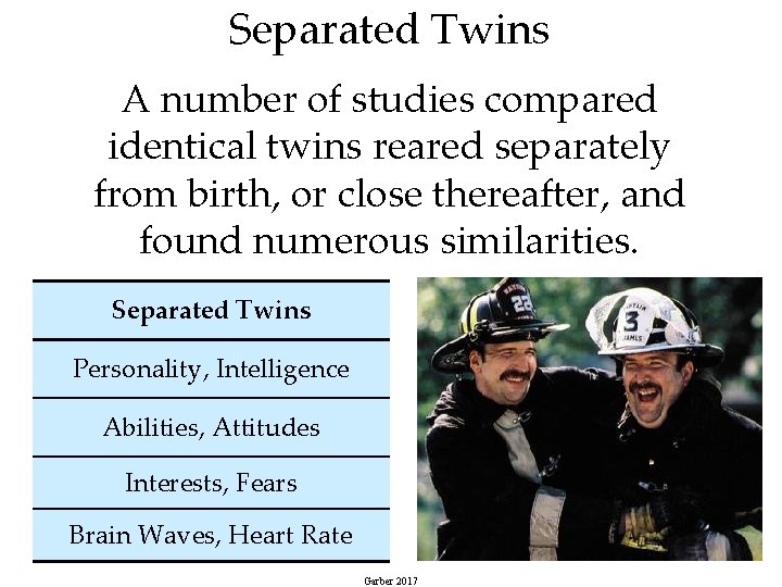 Separated Twins A number of studies compared identical twins reared separately from birth, or