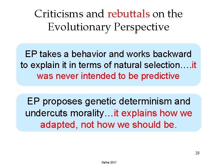 Criticisms and rebuttals on the Evolutionary Perspective EP takes a behavior and works backward
