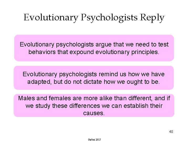 Evolutionary Psychologists Reply Evolutionary psychologists argue that we need to test behaviors that expound