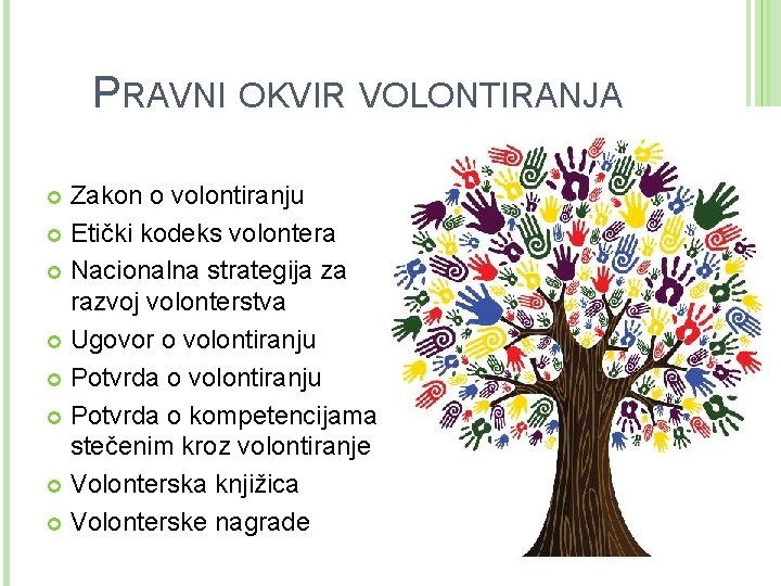 PRAVNI OKVIR VOLONTIRANJA Zakon o volontiranju Etički kodeks volontera Nacionalna strategija za razvoj volonterstva