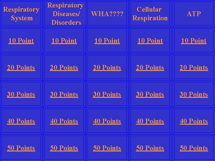Respiratory System Respiratory Diseases/ Disorders 10 Point WHA? ? Cellular Respiration ATP 10 Point