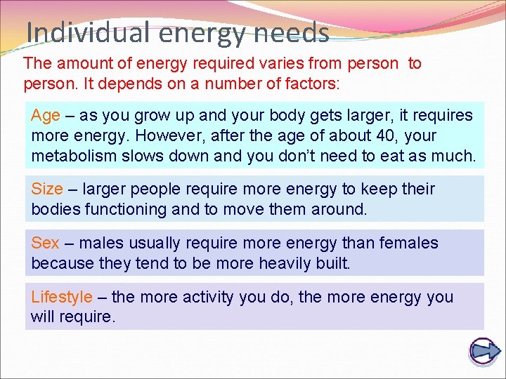 Individual energy needs The amount of energy required varies from person to person. It