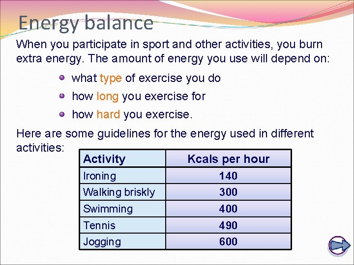 Energy balance When you participate in sport and other activities, you burn extra energy.