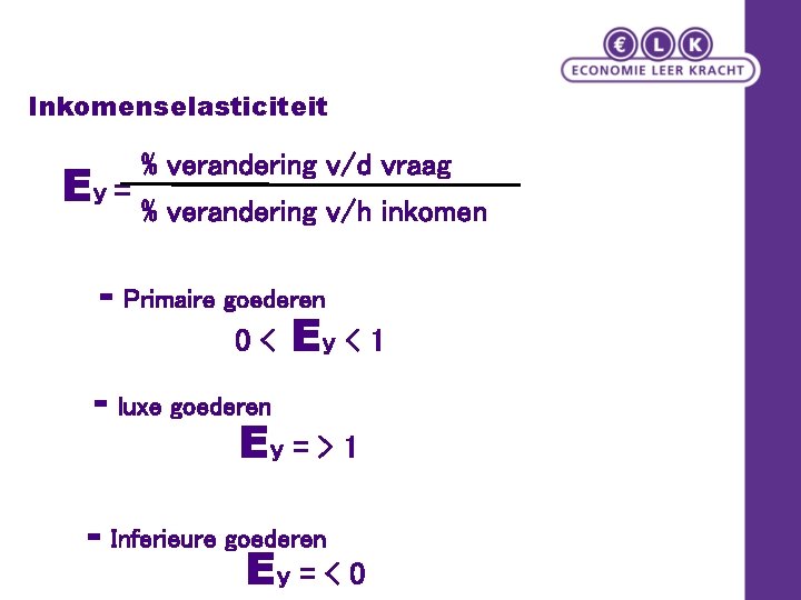 Inkomenselasticiteit % verandering v/d vraag Ey = % verandering v/h inkomen - Primaire goederen