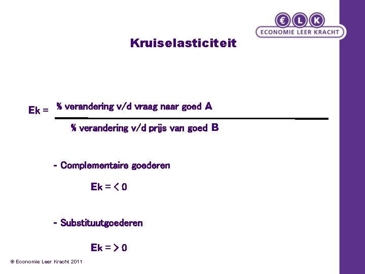 Kruiselasticiteit Ek = % verandering v/d vraag naar goed A % verandering v/d prijs