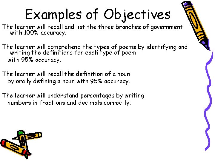 Examples of Objectives The learner will recall and list the three branches of government Examples of Objectives The learner will recall and list the three branches of government