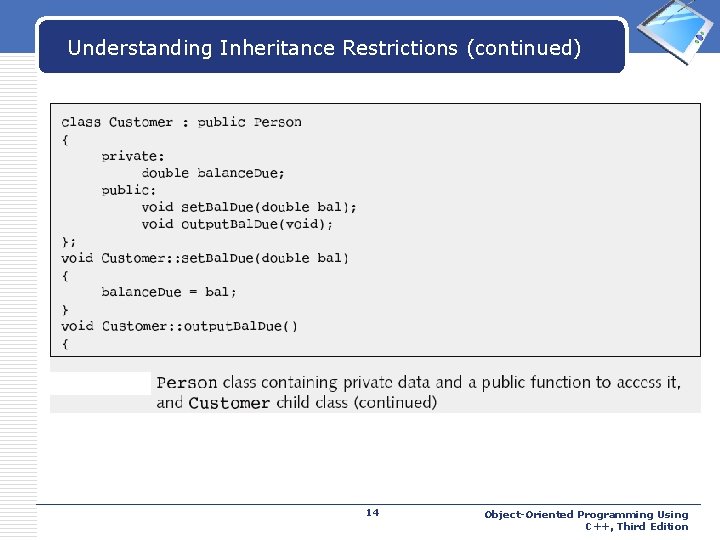 Understanding Inheritance Restrictions (continued) 14 LOGO Object-Oriented Programming Using C++, Third Edition 