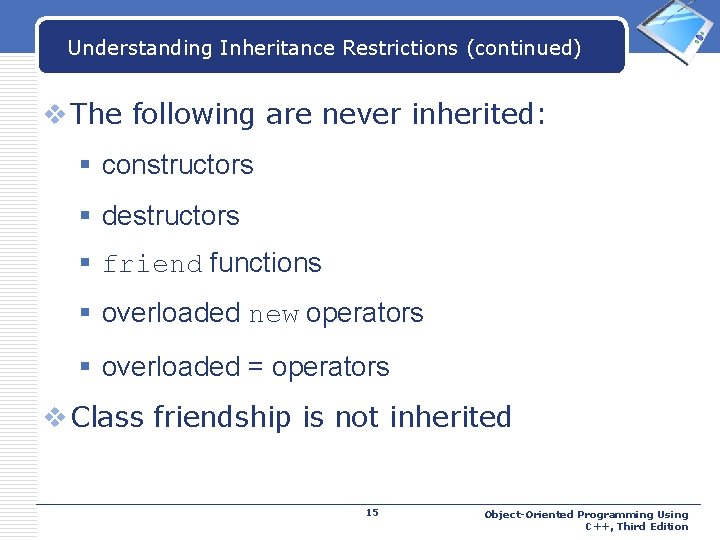 Understanding Inheritance Restrictions (continued) LOGO v The following are never inherited: § constructors §