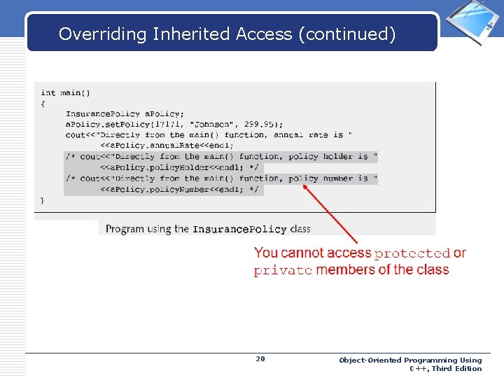 Overriding Inherited Access (continued) 20 LOGO Object-Oriented Programming Using C++, Third Edition 