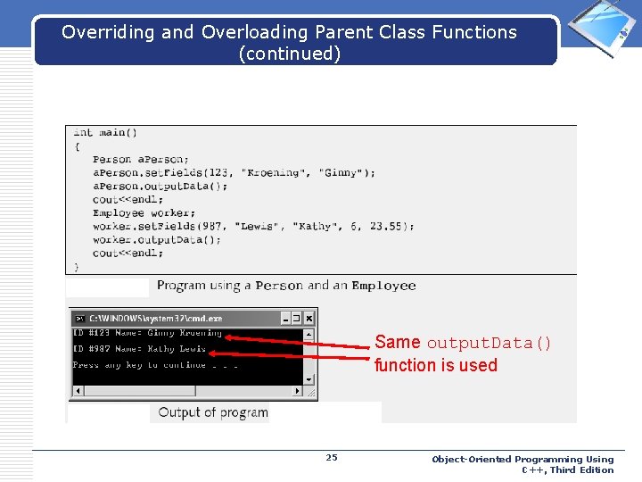 Overriding and Overloading Parent Class Functions (continued) LOGO Same output. Data() function is used