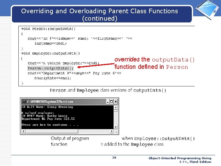 Overriding and Overloading Parent Class Functions (continued) LOGO overrides the output. Data() function defined