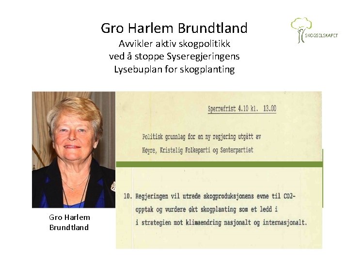 Gro Harlem Brundtland Avvikler aktiv skogpolitikk ved å stoppe Syseregjeringens Lysebuplan for skogplanting Gro