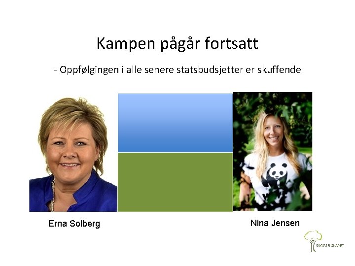 Kampen pågår fortsatt - Oppfølgingen i alle senere statsbudsjetter er skuffende Erna Solberg Nina