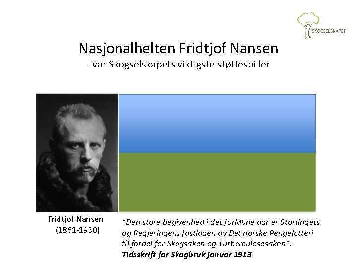 Nasjonalhelten Fridtjof Nansen - var Skogselskapets viktigste støttespiller Fridtjof Nansen (1861 -1930) ”Den store