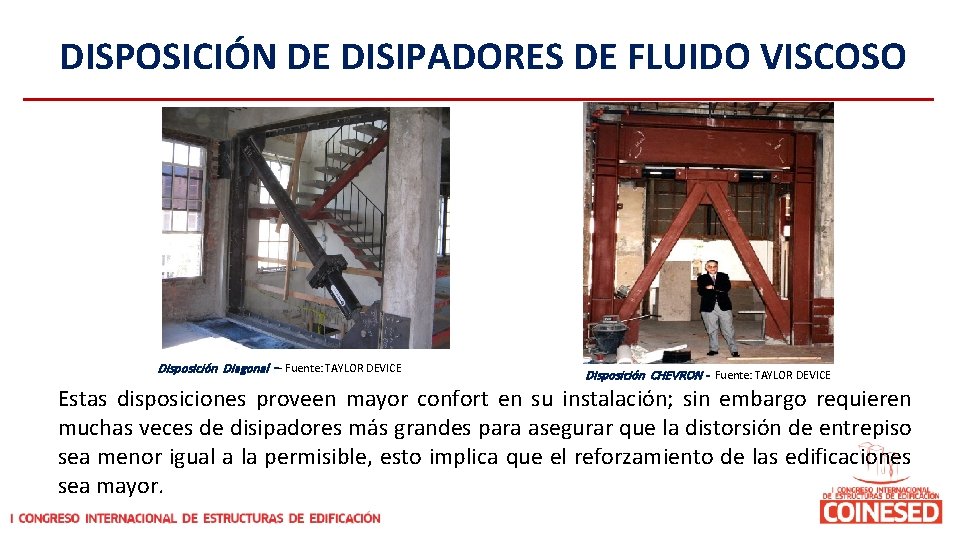 DISPOSICIÓN DE DISIPADORES DE FLUIDO VISCOSO Disposición Diagonal -- Fuente: TAYLOR DEVICE Disposición CHEVRON