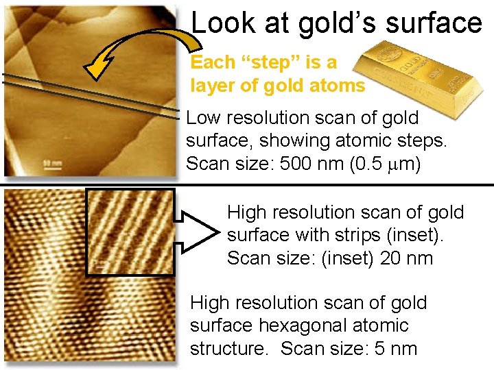 Look at gold’s surface Each “step” is a layer of gold atoms Low resolution