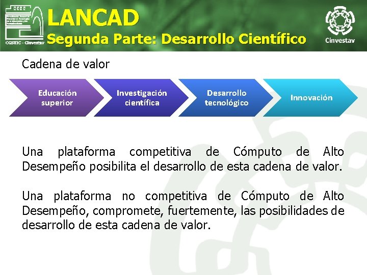 LANCAD Segunda Parte: Desarrollo Científico Cadena de valor Educación superior Investigación científica Desarrollo tecnológico