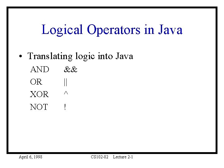 Logical Operators in Java • Translating logic into Java AND OR XOR NOT April
