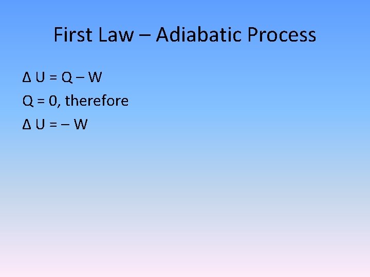 First Law – Adiabatic Process Δ U = Q – W Q = 0,