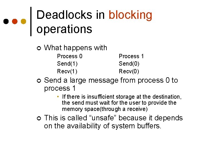 Deadlocks in blocking operations ¢ What happens with Process 0 Send(1) Recv(1) ¢ Process