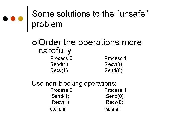 Some solutions to the “unsafe” problem ¢ Order the operations more carefully Process 0