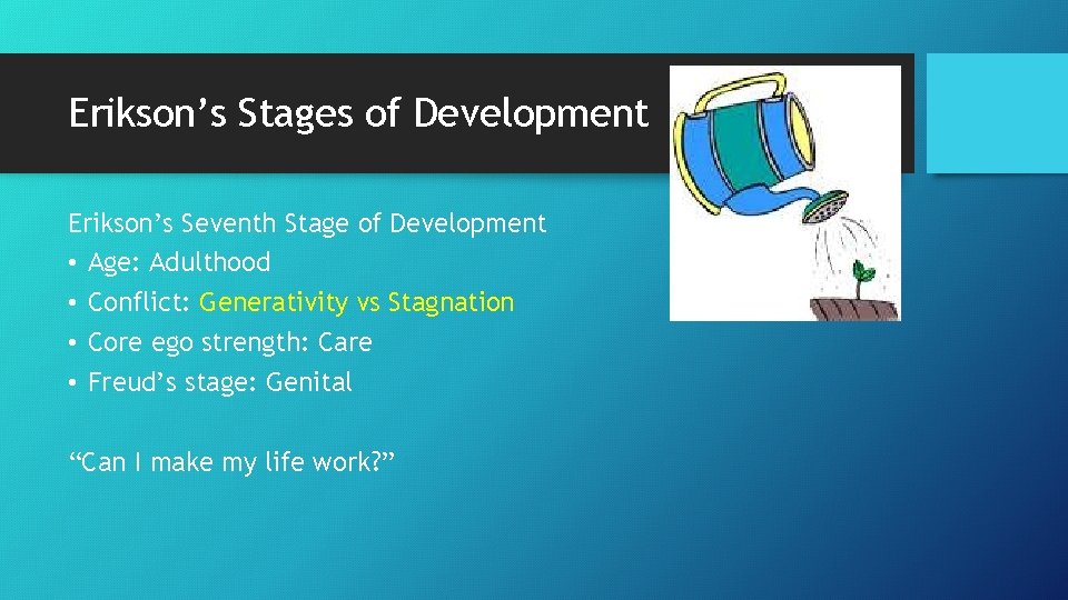 Erikson’s Stages of Development Erikson’s Seventh Stage of Development • Age: Adulthood • Conflict: