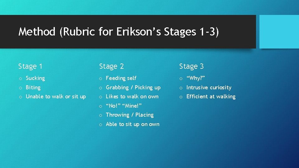 Method (Rubric for Erikson’s Stages 1 -3) Stage 1 Stage 2 Stage 3 o