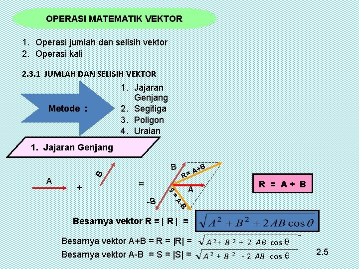  OPERASI MATEMATIK VEKTOR 1. Operasi jumlah dan selisih vektor 2. Operasi kali 2.