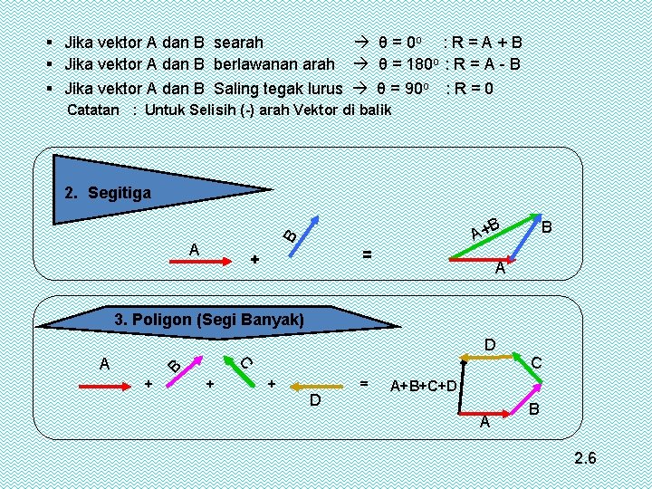 § Jika vektor A dan B searah θ = 0 o : R =