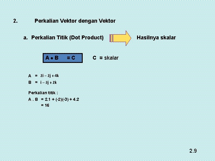 2. Perkalian Vektor dengan Vektor a. Perkalian Titik (Dot Product) A B = C