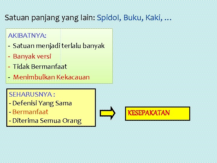 Satuan panjang yang lain: Spidol, Buku, Kaki, … AKIBATNYA: - Satuan menjadi terlalu banyak