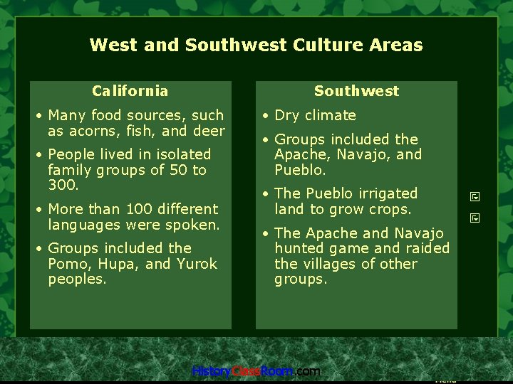 West and Southwest Culture Areas California Southwest • Many food sources, such as acorns,