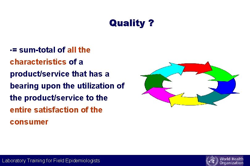 Quality ? • = sum-total of all the characteristics of a product/service that has