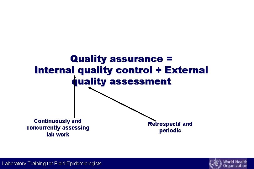 Quality assurance = Internal quality control + External quality assessment Continuously and concurrently assessing