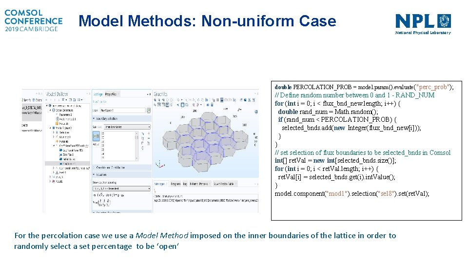 Model Methods: Non-uniform Case double PERCOLATION_PROB = model. param(). evaluate ("perc_prob"); // Define random