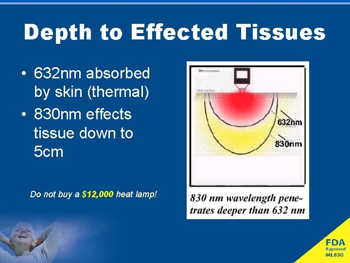 Depth to Effected Tissues • 632 nm absorbed by skin (thermal) • 830 nm