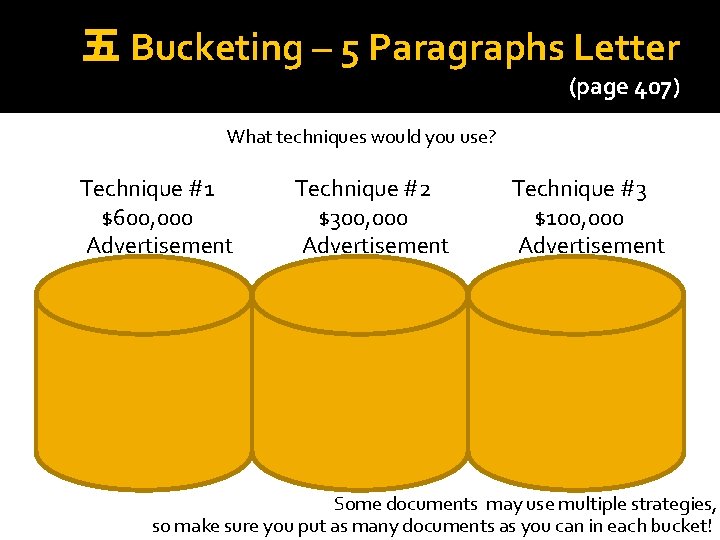 五 Bucketing – 5 Paragraphs Letter (page 407) What techniques would you use? Technique