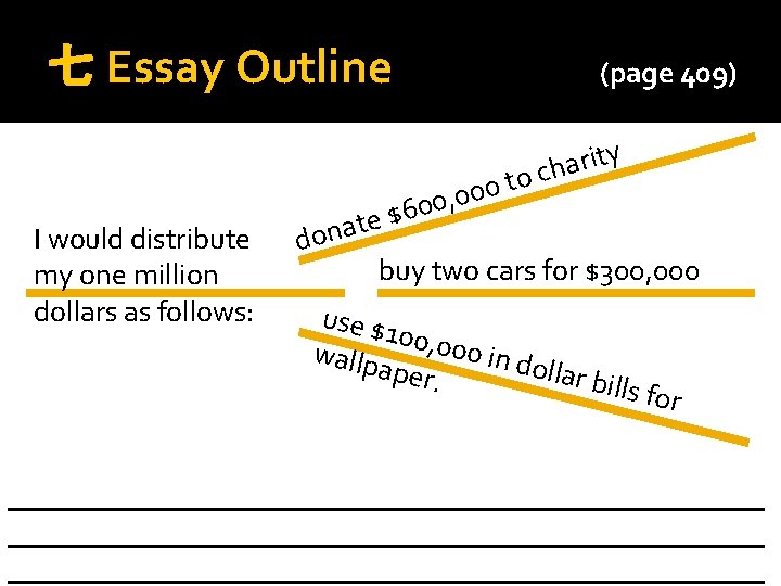 七 Essay Outline I would distribute my one million dollars as follows: (page 409)