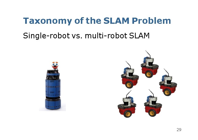 Taxonomy of the SLAM Problem Single-robot vs. multi-robot SLAM 29 Taxonomy of the SLAM Problem Single-robot vs. multi-robot SLAM 29