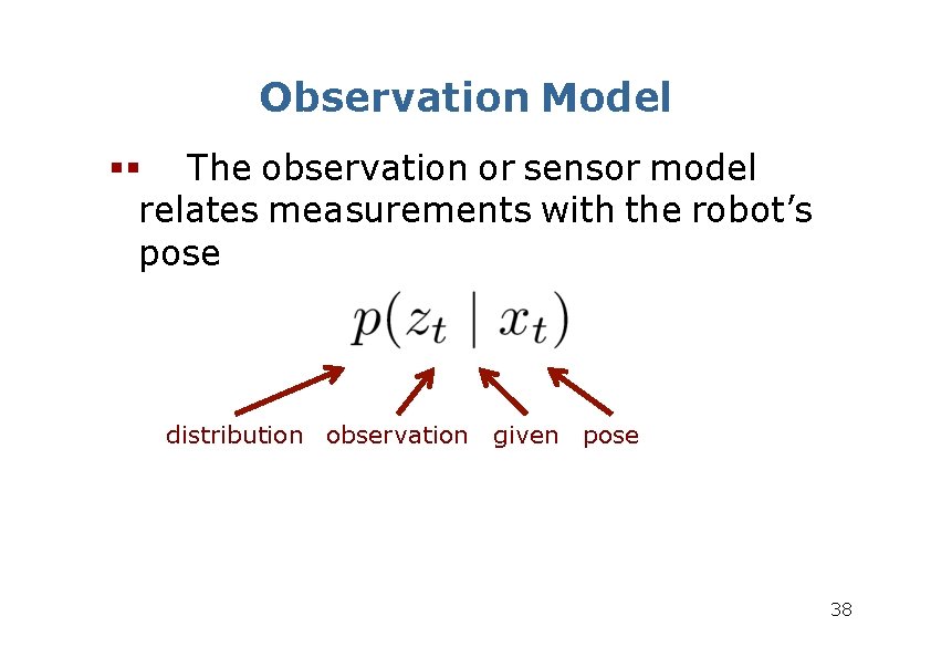 Observation Model The observation or sensor model relates measurements with the robot’s pose distribution Observation Model The observation or sensor model relates measurements with the robot’s pose distribution