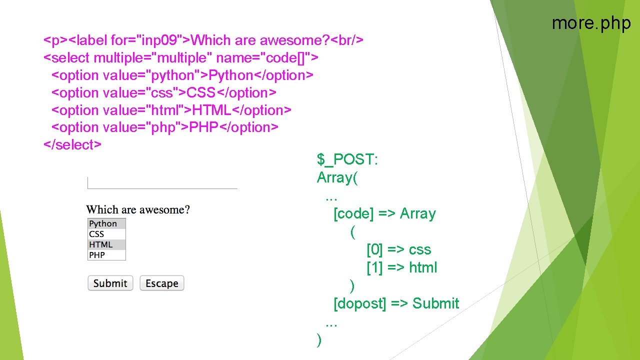 <p><label for="inp 09">Which are awesome? <br/> <select multiple="multiple" name="code[]"> <option value="python">Python</option> <option value="css">CSS</option> <option