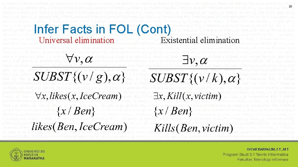 20 Infer Facts in FOL (Cont) Universal elimination Existential elimination OSCAR KARNALIM, S. T.